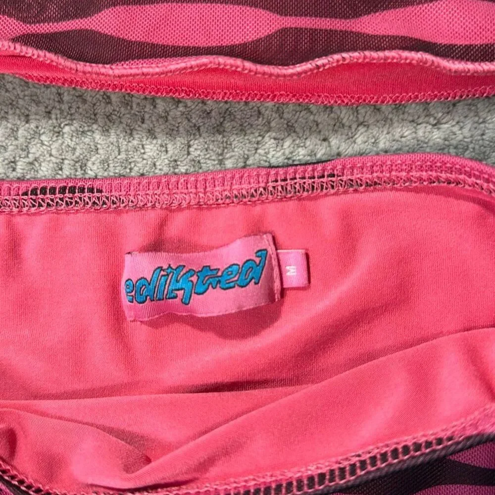 Edikted Pink Black Zebra Mesh 2 Piece Set Crop Top Ruched Mini Skirt Size M Y2K